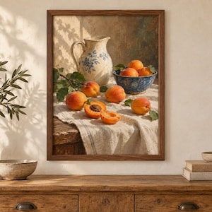 May include: A framed still life print featuring a rustic ceramic pitcher with blue floral patterns, a blue patterned bowl filled with fresh orange apricots, and several loose apricots resting on a textured white linen cloth on a wooden table.