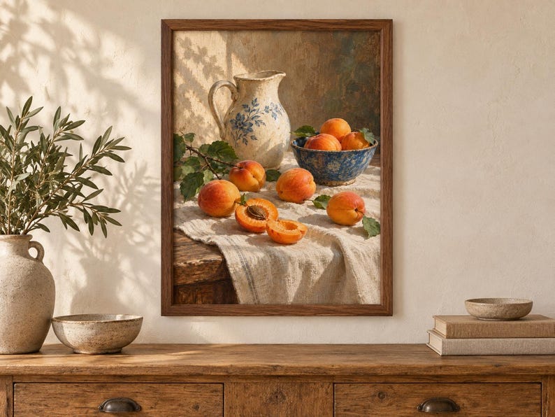 May include: A framed still life print featuring a rustic ceramic pitcher with blue floral patterns, a blue patterned bowl filled with fresh orange apricots, and several loose apricots resting on a textured white linen cloth on a wooden table.