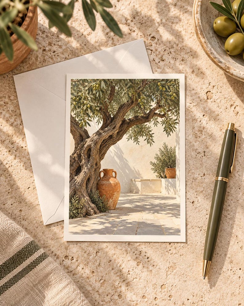 May include: A rectangular greeting card featuring a printed illustration of a gnarled olive tree with green leaves and small olives, a terracotta amphora, and a stone courtyard. The card is placed next to a matching envelope and a dark olive green pen.