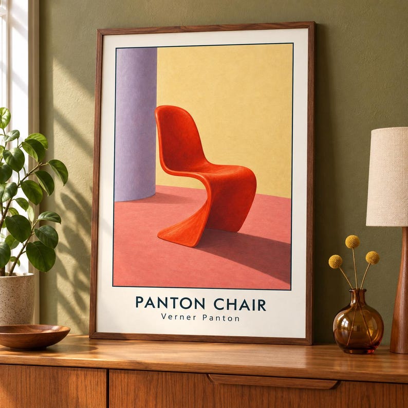 May include: A framed art print featuring a vibrant orange S-shaped chair centered in a room with a yellow wall, a purple pillar, and a pink floor. The text at the bottom reads PANTON CHAIR and Verner Panton in a clean, dark sans-serif font.