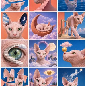 Pu&ograve; includere: Una griglia di dodici illustrazioni surreali che ritraggono gatti Sphynx senza pelo in vari scenari onirici, tra cui scale, lune, nuvole e occhi celestiali, realizzate con una delicata tavolozza di colori rosa, blu e arancioni.