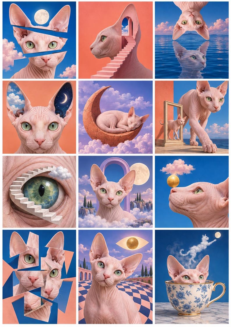 Pu&ograve; includere: Una griglia di dodici illustrazioni surreali che ritraggono gatti Sphynx senza pelo in vari scenari onirici, tra cui scale, lune, nuvole e occhi celestiali, realizzate con una delicata tavolozza di colori rosa, blu e arancioni.