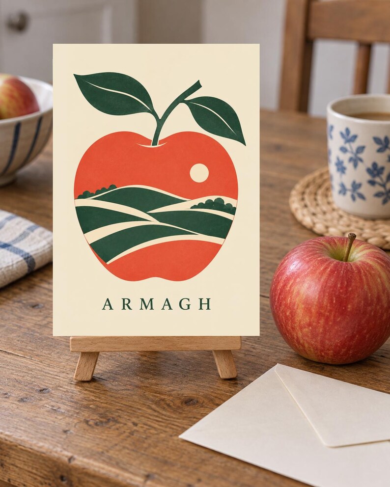 May include: A rectangular print on a small wooden easel featuring a graphic illustration of a red apple with two green leaves. Inside the apple shape is a landscape of green rolling hills and a white sun. The word ARMAGH is printed in green below.