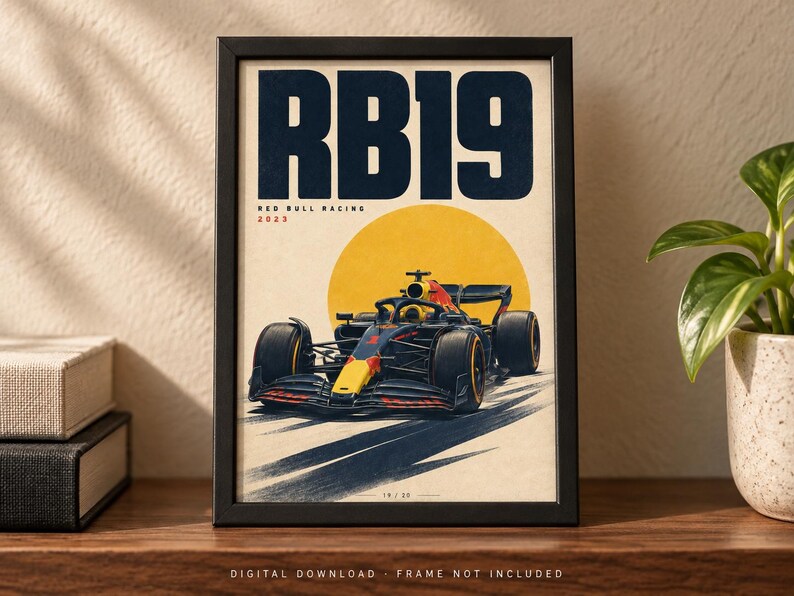 May include: A framed poster featuring a dark blue and red Formula 1 race car, the RB19, centered against a large yellow circle. The text RB19, Red Bull Racing, and 2023 are printed in dark blue and red above the car on a cream-colored background.