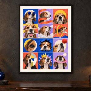 Puede incluir: Una impresi&oacute;n de arte mural enmarcada que presenta una cuadr&iacute;cula de doce cuadrados coloridos, cada uno mostrando un perro beagle en varias poses juguetonas, usando accesorios como gafas azules y una corona amarilla, o interactuando con objetos como una pelota.