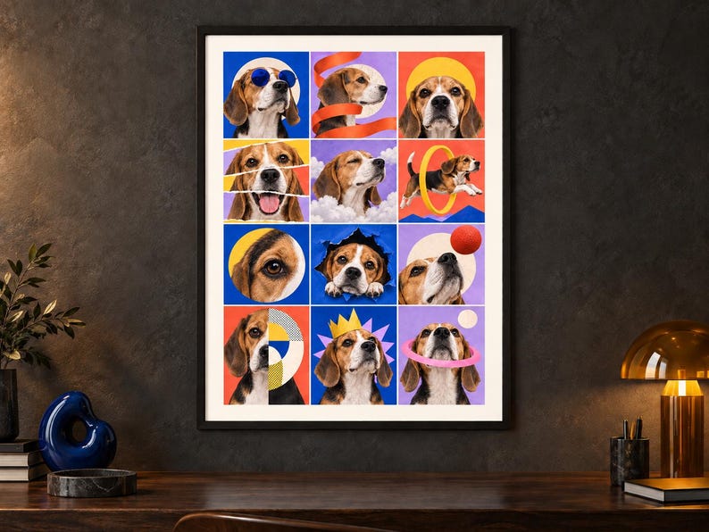 Puede incluir: Una impresi&oacute;n de arte mural enmarcada que presenta una cuadr&iacute;cula de doce cuadrados coloridos, cada uno mostrando un perro beagle en varias poses juguetonas, usando accesorios como gafas azules y una corona amarilla, o interactuando con objetos como una pelota.