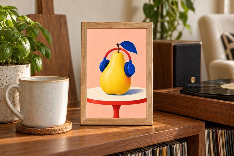 May include: A rectangular wooden frame containing a print of a yellow pear wearing blue headphones. The pear sits on a small white table with a red base against a light peach background. The illustration features a single dark blue leaf on top.