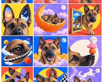 Gaia Surreal Dog Wall Art, Colourful 12 Scene Pet Collage, A2 Printable Digital Download