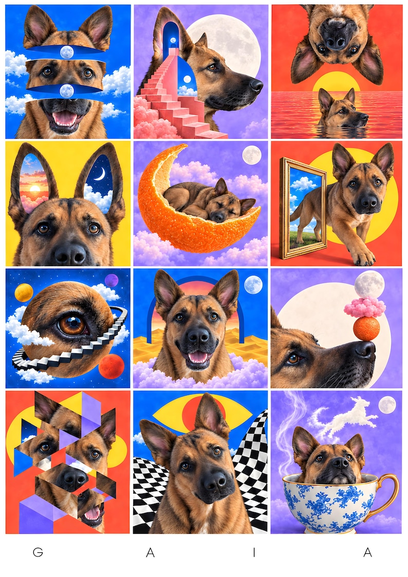 Gaia Surreal Dog Wall Art, Colourful 12 Scene Pet Collage, A2 Printable Digital Download Bild 1