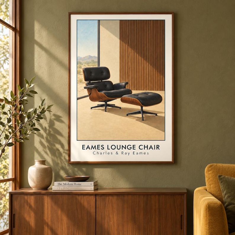 May include: A framed wall art print featuring a black leather Eames lounge chair and matching ottoman with a dark wood shell, set against a desert landscape background. The text EAMES LOUNGE CHAIR Charles & Ray Eames is printed at the bottom.