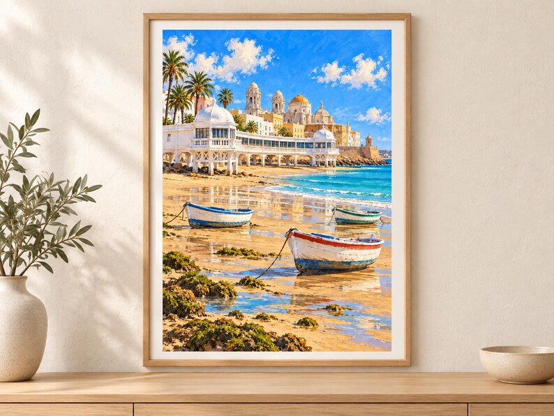 Op de afbeelding: Een ingelijste kunstdruk met een kusttafereel met kleine houten boten op een zandstrand. Op de achtergrond staan witte gebouwen met koepels en palmbomen langs de kustlijn onder een helderblauwe lucht met witte wolken.