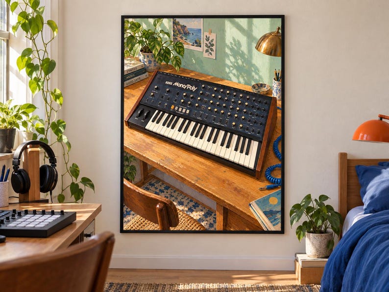 May include: A framed wall art print depicting a Korg Mono/Poly analog synthesizer resting on a wooden desk. The synthesizer features a black control panel with numerous knobs, switches, and a white and black keyboard, encased in wooden side panels.