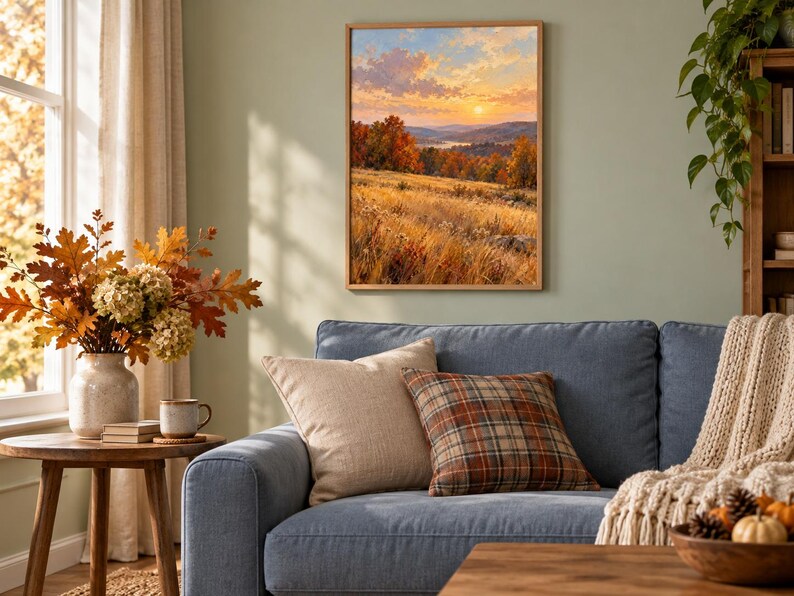 May include: A framed rectangular wall art print depicting a landscape scene with a golden sunset over rolling hills, autumn foliage in shades of orange and red, and a field of tall dry grass in the foreground, displayed in a wooden frame.