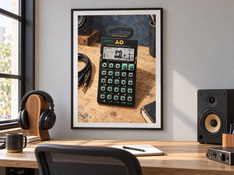 May include: A black pocket operator rhythm synthesizer featuring a digital LCD screen with a sewing machine icon, multiple square buttons with green accents, and two green rotary knobs. The device is labeled with the text rhythm and pocket operator.
