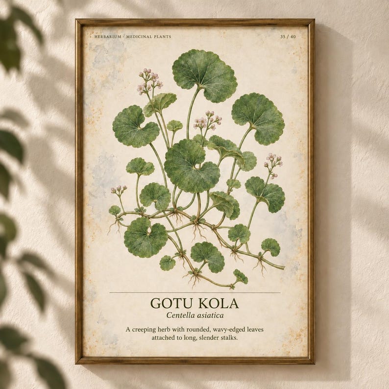 Może przedstawiać: Botaniczny wydruk ścienny przedstawiający roślinę Centella asiatica z zielonymi, zaokrąglonymi liśćmi o falistych brzegach i małymi bladymi kwiatami na długich łodygach. Tekst zawiera HERBARIUM MEDICINAL PLANTS 35/40, GOTU KOLA, Centella asiatica oraz opis.