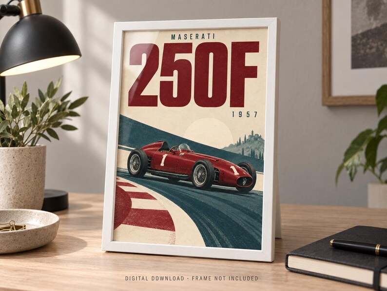 May include: A framed poster featuring a red Maserati 250F race car on a track. The text reads MASERATI 250F 1957. The car is marked with the number 1. The artwork displays a vintage style with a cream background, blue track, and red curbing.