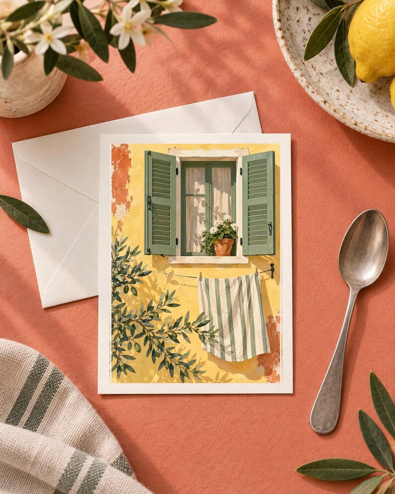 May include: A rectangular greeting card featuring an illustration of a yellow wall with an open window, green shutters, a potted plant, and a striped towel hanging on a clothesline, accompanied by a white envelope, a silver spoon, and lemons.