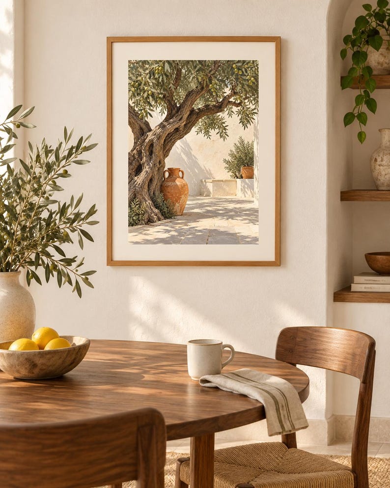 May include: A framed wall art print depicting an ancient olive tree with a large terracotta amphora resting at its base in a sunlit Mediterranean courtyard. The scene features textured stone walls, dappled shadows, and warm, earthy tones.
