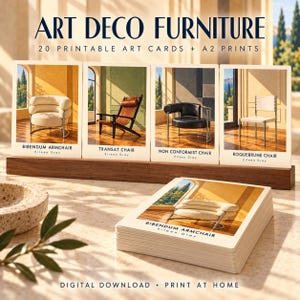 May include: A set of 20 printable art cards and A2 prints titled ART DECO FURNITURE, featuring illustrations of Eileen Gray chairs including the Bibendum, Transat, Non Conformist, and Roquebrune models, displayed on a wooden stand with a stack of cards.