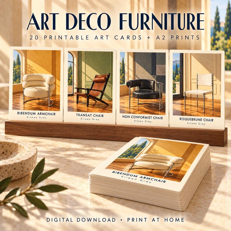May include: A set of 20 printable art cards and A2 prints titled ART DECO FURNITURE, featuring illustrations of Eileen Gray chairs including the Bibendum, Transat, Non Conformist, and Roquebrune models, displayed on a wooden stand with a stack of cards.