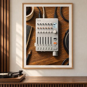 May include: A light gray TX-6 portable mixer featuring six vertical faders, multiple rotary knobs, and a small digital display showing the number 50. The device is connected to black audio cables and rests on a dark wooden surface with a pencil.