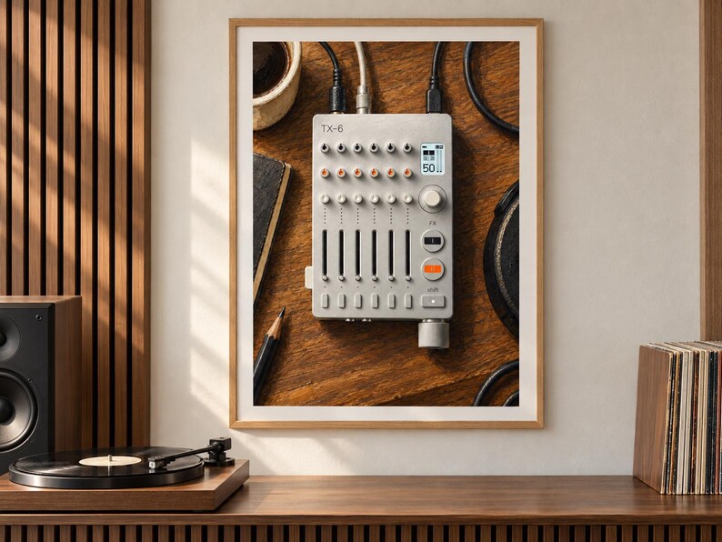 May include: A light gray TX-6 portable mixer featuring six vertical faders, multiple rotary knobs, and a small digital display showing the number 50. The device is connected to black audio cables and rests on a dark wooden surface with a pencil.