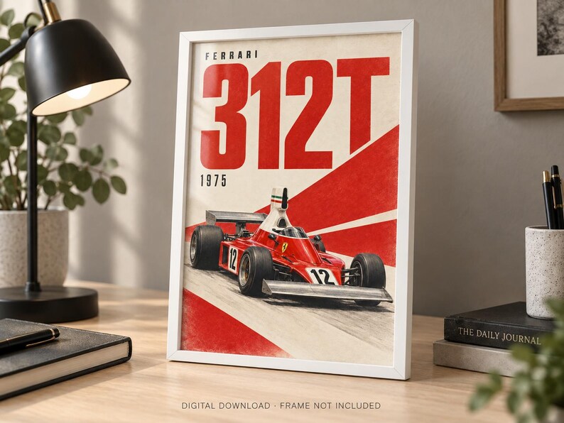 May include: A framed poster featuring a red Ferrari 312T Formula 1 race car with the number 12. The text reads FERRARI 312T and 1975 in bold red and black lettering. The design includes a red diagonal graphic element on a white background.