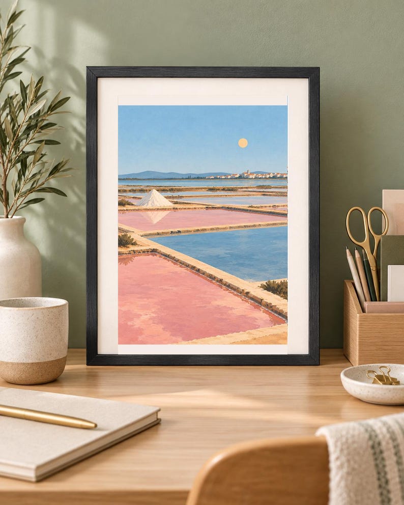May include: A framed art print depicting a landscape of salt pans with rectangular pools of pink and blue water, a white salt mound, a distant town, and a pale yellow sun in a clear blue sky, all enclosed in a simple black frame.
