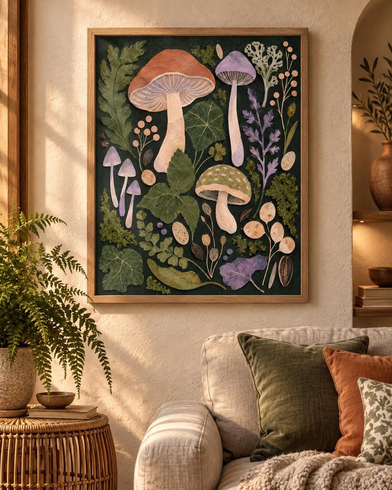 May include: A framed wall art print featuring a dark green background with various botanical illustrations including several mushrooms in shades of orange, purple, and green, alongside assorted leaves, ferns, and small round seed pods.