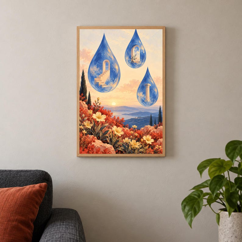 Puede incluir: Una impresi&oacute;n de arte mural rectangular que muestra un paisaje surrealista con follaje rojo anaranjado y flores amarillas en primer plano. Tres grandes gotas de agua azules flotantes contienen elementos arquitect&oacute;nicos: una escalera, un arco y una columna.