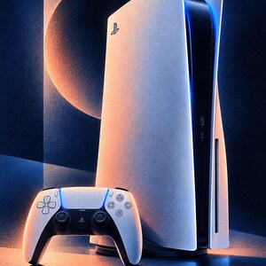 May include: A white and black video game console with a matching wireless controller. The console features a tall, curved design with a central black panel and the PlayStation logo. The controller has a white exterior, black grips, and buttons.