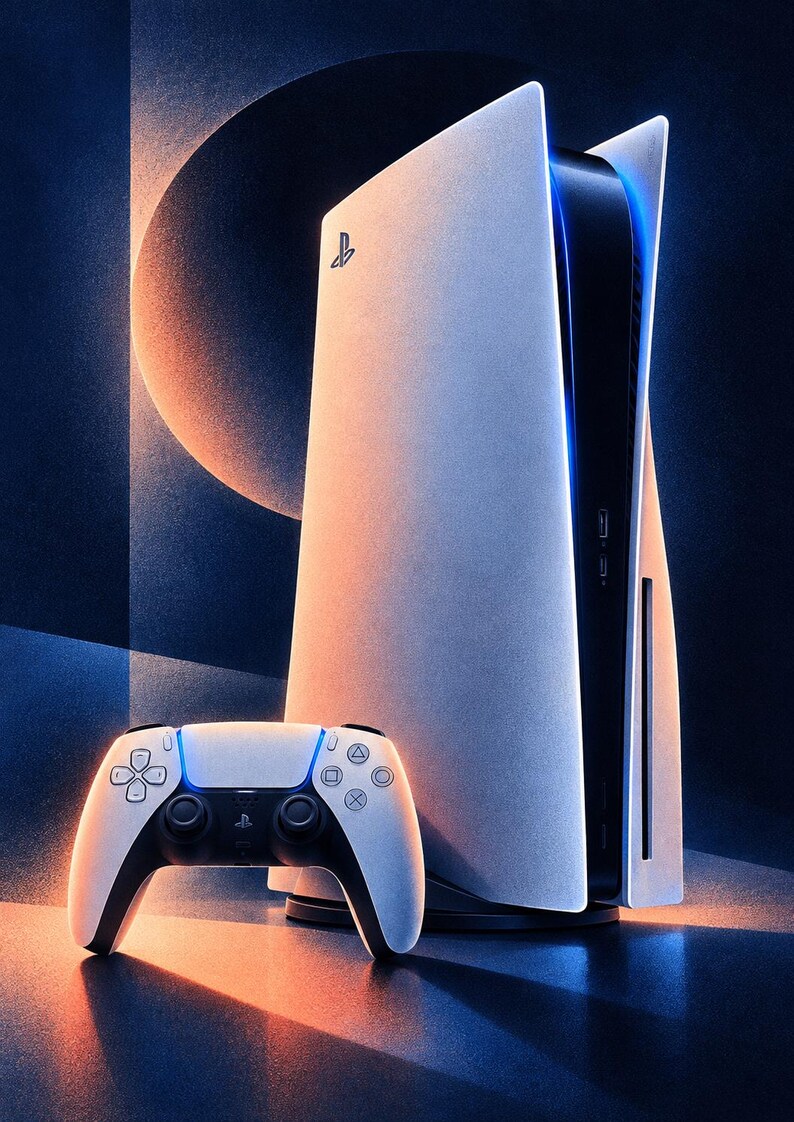 May include: A white and black video game console with a matching wireless controller. The console features a tall, curved design with a central black panel and the PlayStation logo. The controller has a white exterior, black grips, and buttons.