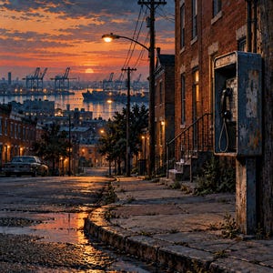 May include: A poster featuring a sunset over a harbour with industrial cranes and a ship, overlooking a city street with brick row houses, a parked car, and a weathered public payphone on a pavement. The text The Wire 2002 is at the bottom.