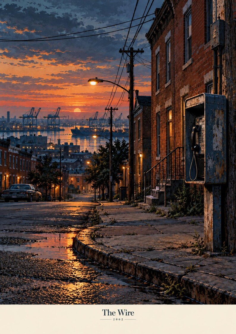 May include: A poster featuring a sunset over a harbour with industrial cranes and a ship, overlooking a city street with brick row houses, a parked car, and a weathered public payphone on a pavement. The text The Wire 2002 is at the bottom.
