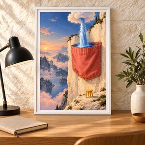 May include: A framed wall art print depicting a surreal landscape with a red fabric pocket attached to a rocky cliff face. A waterfall flows from a cloud into the pocket. A small yellow stool sits on the cliff edge overlooking a misty valley.