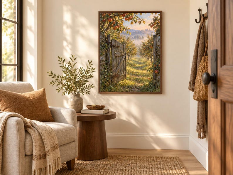 Peut inclure: Une impression d'art mural rectangulaire repr&eacute;sentant un paysage avec un portail en bois ouvert menant &agrave; un verger de pommiers ensoleill&eacute; et des collines brumeuses en arri&egrave;re-plan. L'&oelig;uvre est encadr&eacute;e d'un fin cadre en bois brun.