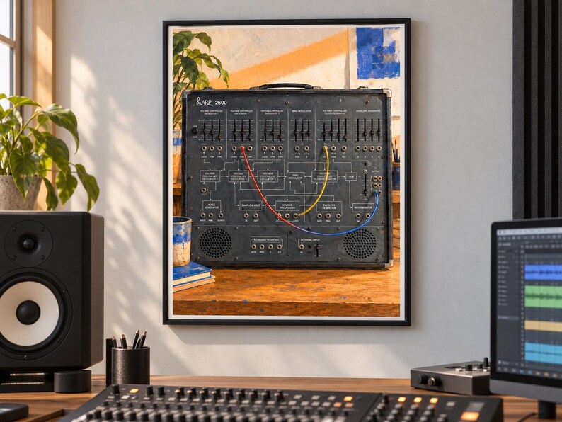 May include: A framed wall print depicting a vintage ARP 2600 analog synthesizer. The black control panel features numerous sliders, knobs, and patch points connected by red, yellow, and blue patch cables, with a handle on top of the unit.