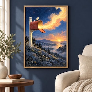 Peut inclure: Une impression d'art mural encadr&eacute;e repr&eacute;sentant une bo&icirc;te aux lettres rouge sur un poteau au sommet d'une colline rocheuse avec un petit oiseau perch&eacute; dessus. Une lumi&egrave;re dor&eacute;e s'&eacute;chappe de la bo&icirc;te vers un ciel cr&eacute;pusculaire avec un croissant de lune.