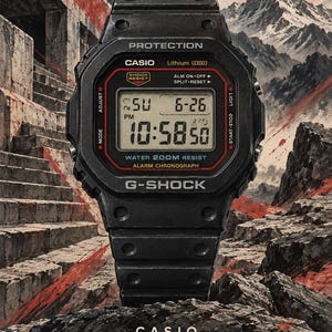 Op de afbeelding: Een zwart Casio G-Shock DW-5000C digitaal horloge met een rechthoekige wijzerplaat, met een digitaal display dat de tijd 10:58 en datum 6-26 toont, inclusief de tekst PROTECTION, SHOCK RESIST, WATER 200M RESIST, ALARM CHRONOGRAPH en 1983.
