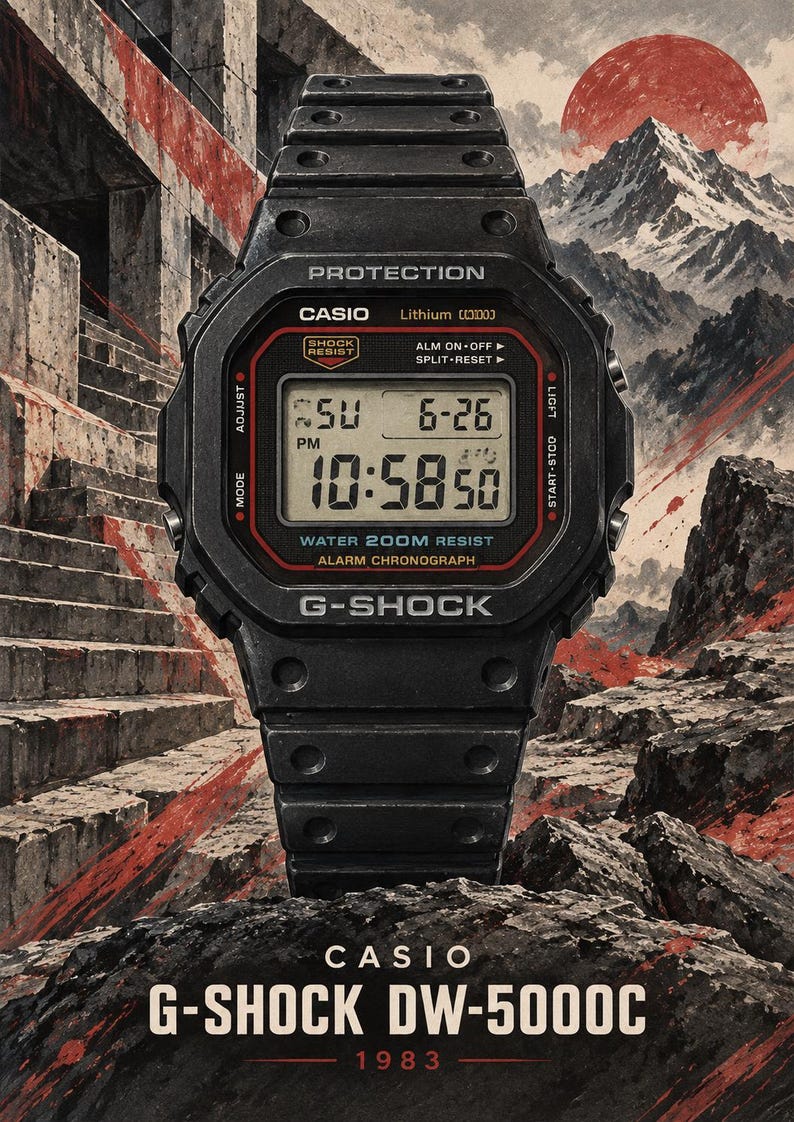 Op de afbeelding: Een zwart Casio G-Shock DW-5000C digitaal horloge met een rechthoekige wijzerplaat, met een digitaal display dat de tijd 10:58 en datum 6-26 toont, inclusief de tekst PROTECTION, SHOCK RESIST, WATER 200M RESIST, ALARM CHRONOGRAPH en 1983.