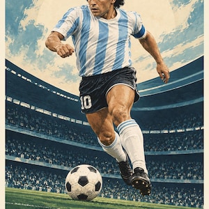K&ouml;nnte beinhalten: Ein Poster mit Diego Maradona in einem hellblau-wei&szlig; gestreiften Trikot, dunklen Shorts mit der Nummer 10 und wei&szlig;en Stutzen, wie er einen Fu&szlig;ball auf einem Spielfeld kickt. Im Hintergrund ist ein Stadion zu sehen, der Text lautet DIEGO MARADONA FOOTBALL LEGENDS 07.