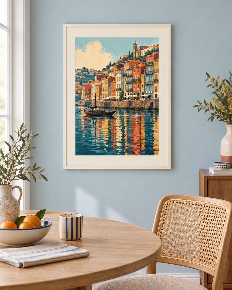 May include: A framed wall art print depicting a coastal town with colorful buildings along a waterfront, a small boat floating on the water, and reflections of the structures on the surface, all rendered in a painterly style with warm tones.