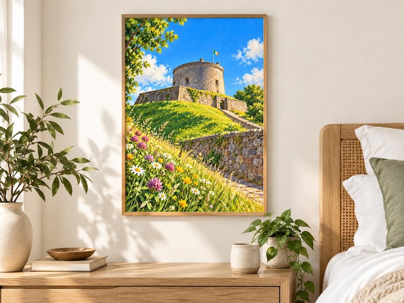 Puede incluir: Una impresi&oacute;n art&iacute;stica enmarcada que representa una torre de piedra sobre una colina cubierta de hierba bajo un cielo azul brillante. El primer plano muestra un prado vibrante lleno de margaritas blancas, tr&eacute;boles morados y flores.