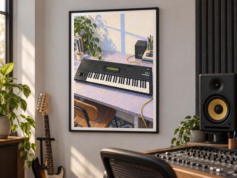 Pode incluir: Uma impress&atilde;o de arte de parede emoldurada retratando um teclado sintetizador Korg M1 preto sobre uma mesa roxa clara. A cena inclui uma planta em vaso, um pequeno alto-falante e livros, iluminados por uma luz solar suave.