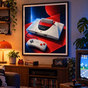 May include: A framed wall art print featuring a retro Amstrad GX4000 video game console with a cartridge inserted and a connected controller. The artwork displays a stylized geometric background in vibrant red and blue tones with sharp lighting.