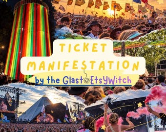 Puede incluir: Un collage de escenas de festival con una torre alta de rayas arcoíris, una gran multitud bajo un cielo al atardecer con banderas y un escenario piramidal. El texto TICKET MANIFESTATION by the GlastEtsyWitch está centrado en una forma.