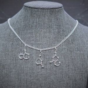 Può includere: Una collana a catena d'argento con tre ciondoli a forma di strutture molecolari. La collana è esposta su un manichino di stoffa grigia.