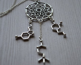 Biolojewelry - Neurotransmitter Molecule Dreamcatcher Serotonin Dopamine Acetlycholine Molecule Biology Chemistry Psychology Necklace