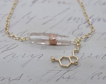 Biolojewelry - Gold Tone Serotonin Neurotransmitter Molecule Science Biology Chemistry Psychology Glass Bead Bracelet