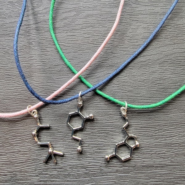 Biolojewelry - Custom Make Serotonin Dopamine or Acetylcholine Neurotransmitter Molecule Necklace Pick Molecule Pick Color